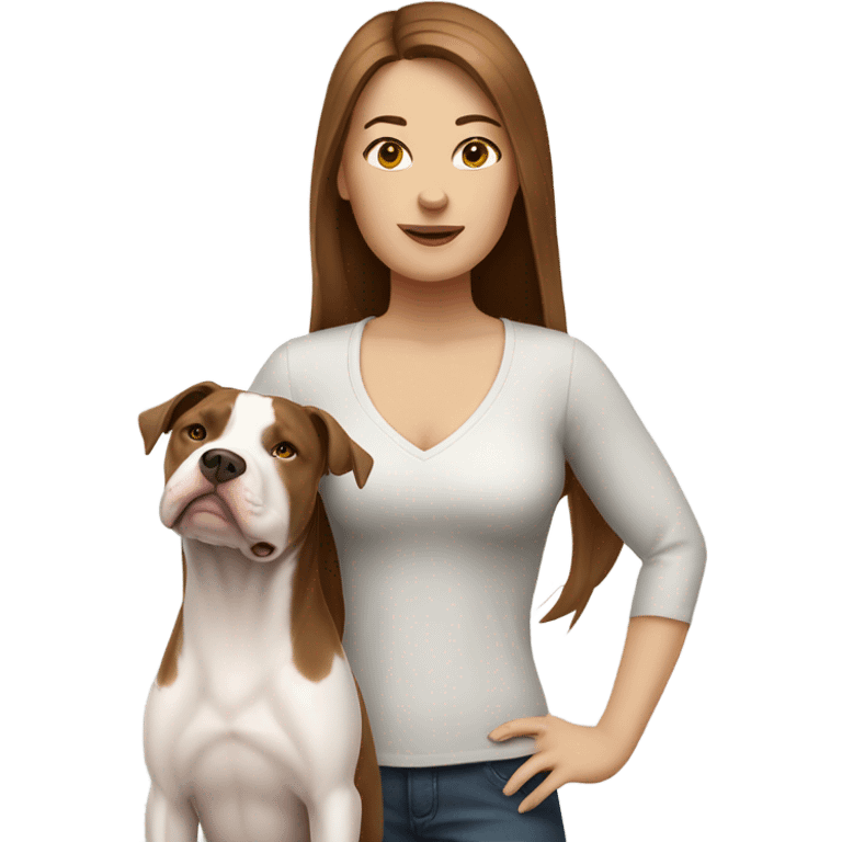 white woman with straight long brown hair standing alongside a white pitbull emoji