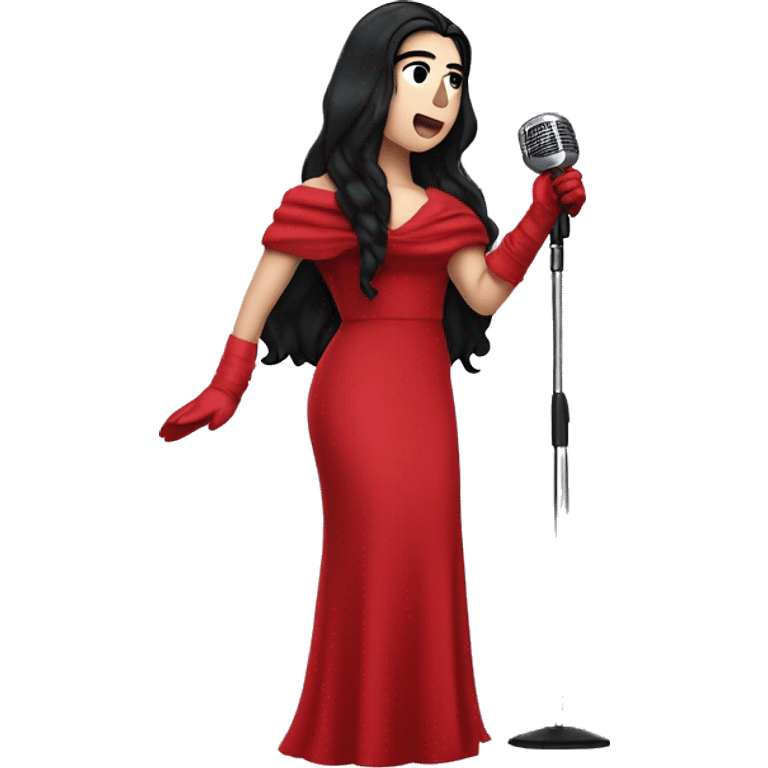 Dua Lipa, with long dark hair, wearing a red gown with red gloves and a red scarf, singing with a microphone on her hand. emoji