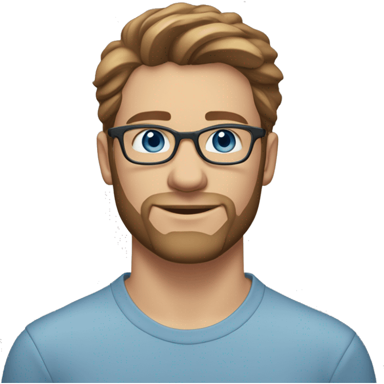 A head and shoulders shot of a 26 year old Caucasian man, with short brown hair, with beard facial hair,  wearing glasses with blue eyes wearing a t-shirt. emoji