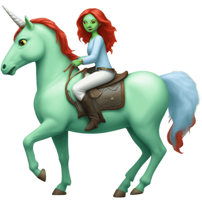 [politically incorrect
	{ woman: alien, color: light green, hair:red, eyes:cat} ]
	on a 
	[{ unicorn: white, legged:four, mane: light blue }] emoji