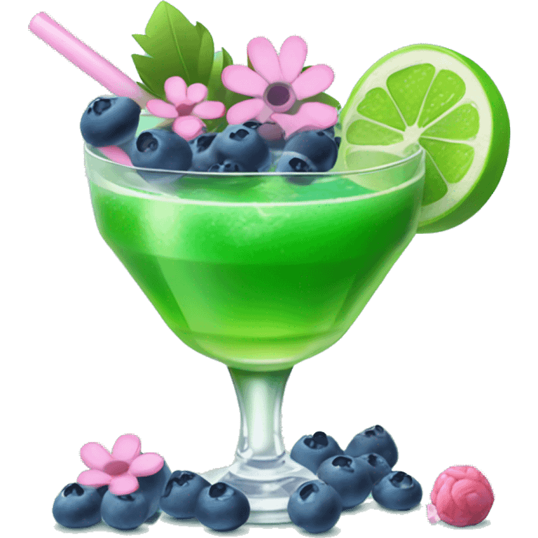 Green cocktail with blue mix and pink little flowers with blueberries & sweets  emoji