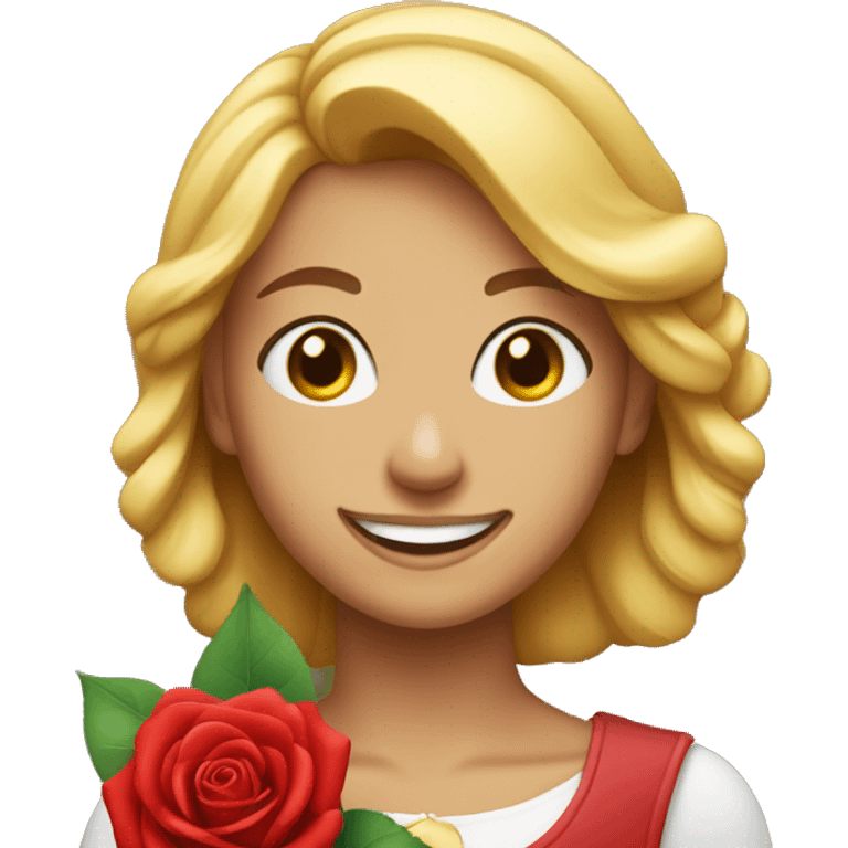 She was smiling lovingly with a red rose in her hand. emoji