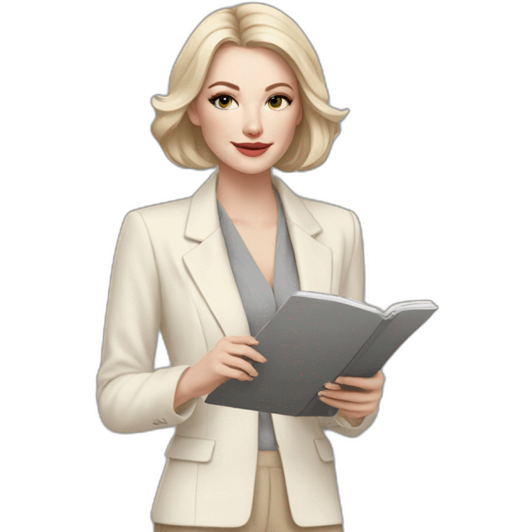 pale skin woman with ash blonde Straightened bob Hair, White Spacious classical jacket, beige palazzo Arrow pants and gray blouse holding a color palette in the hands emoji