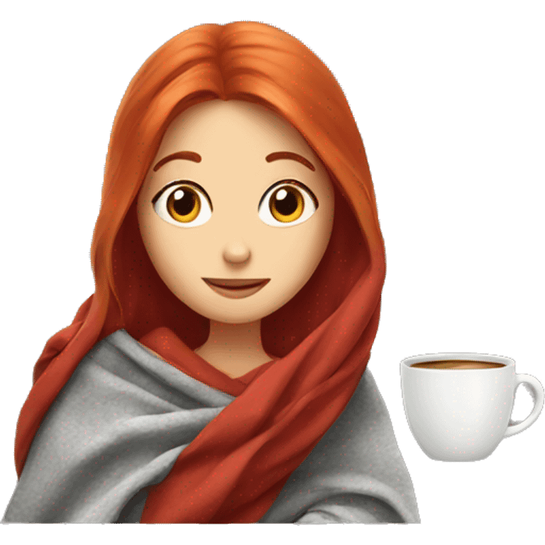 girl with red hair with blanket on her with cup of coffee  emoji