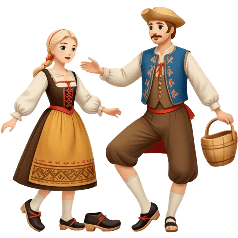 Cinematic Realistic scene of two performers executing the Klompendans, dressed in traditional Dutch costumes complete with wooden clogs and detailed folk patterns, captured in lively motion with soft, natural lighting emoji