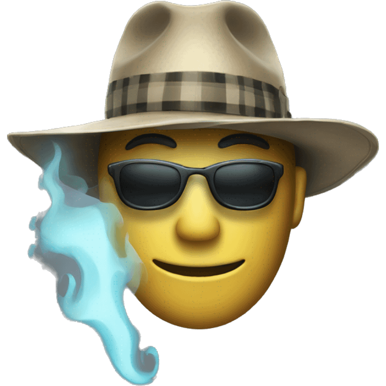 A man in a tactical Panama hat, a plaid shirt, and a ghost mask emoji