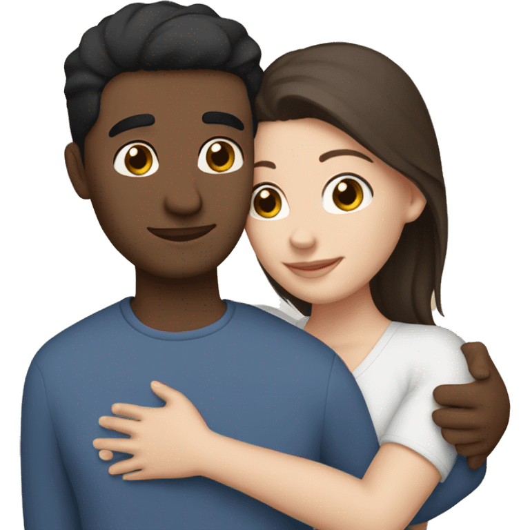 Friends hugging each other. Indian man, short black hair. White woman, blue eyes and brown hair emoji