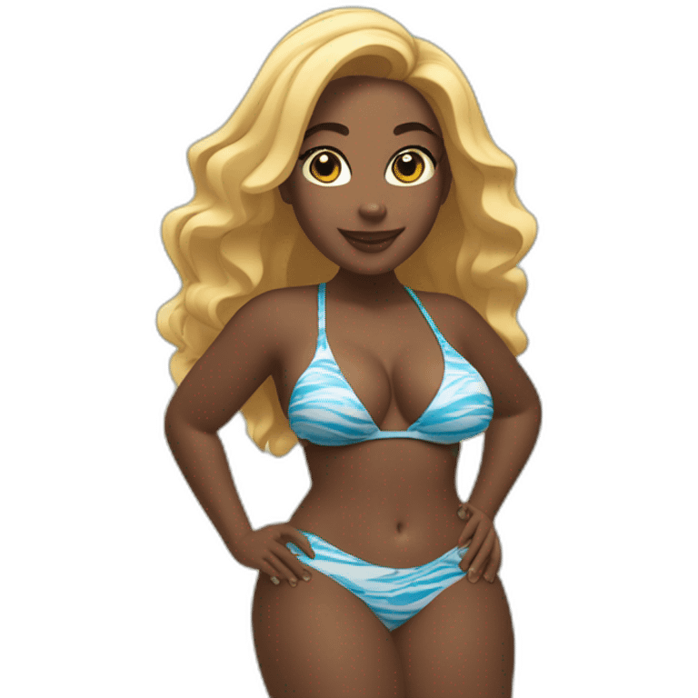 One curvy black woman with brown eyes and blond-hairs bikini hands-in-hair-pose (wonderful beach body) full body with bikini emoji