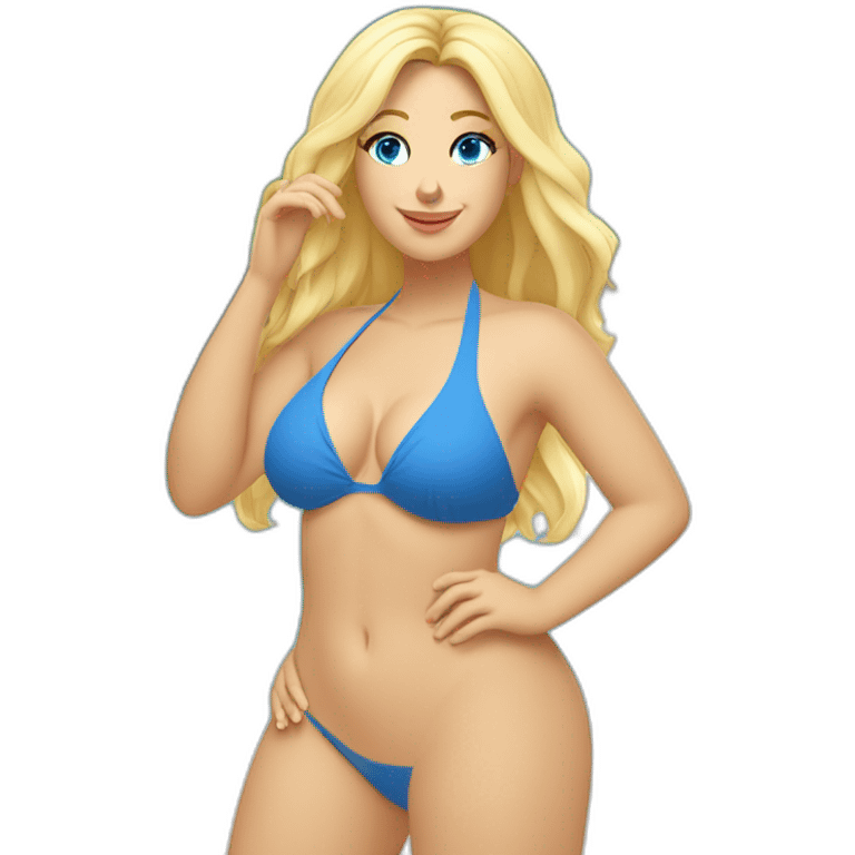 One curvy Caucasian woman with blue-eyes and blond-hairs bikini hands-in-hair-pose (wonderful beach body) full body emoji