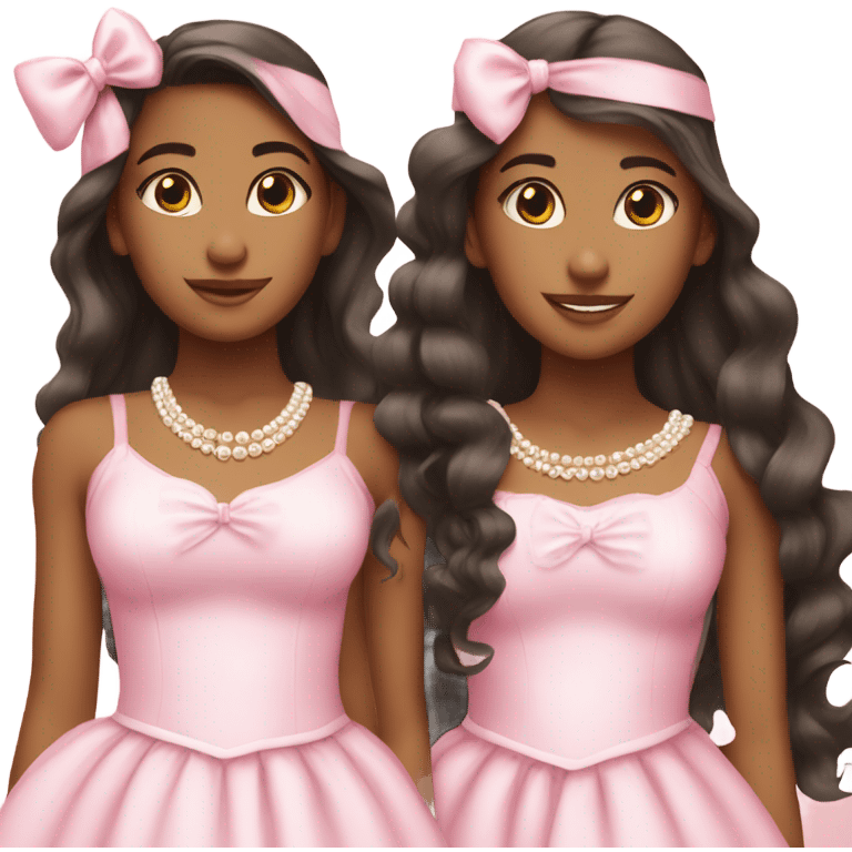 two teenage Latina twins. pink. Long hair. Pink bows. Pearls. Light pink. Diamonds dress. emoji