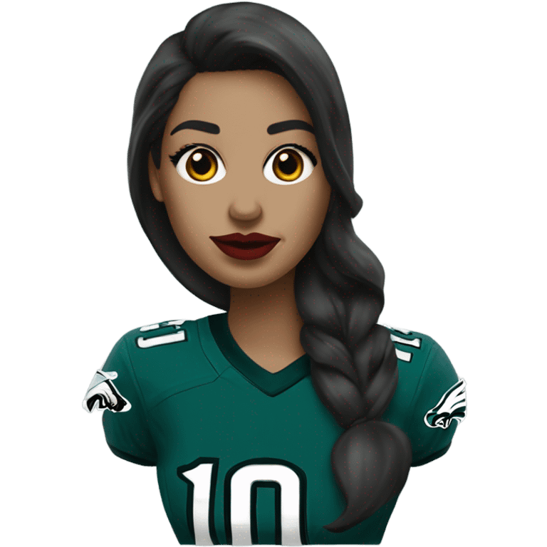 White female long dark hair red lips wearing Philadelphia Eagles jersey emoji