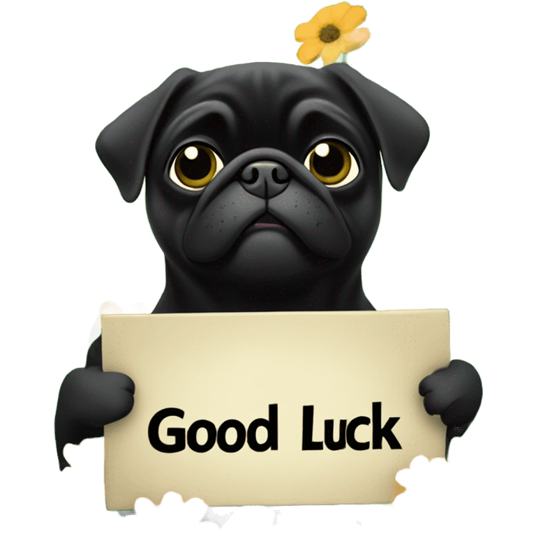 Black pug , surrounded by flowers, holding a green sign that says “good luck”  emoji