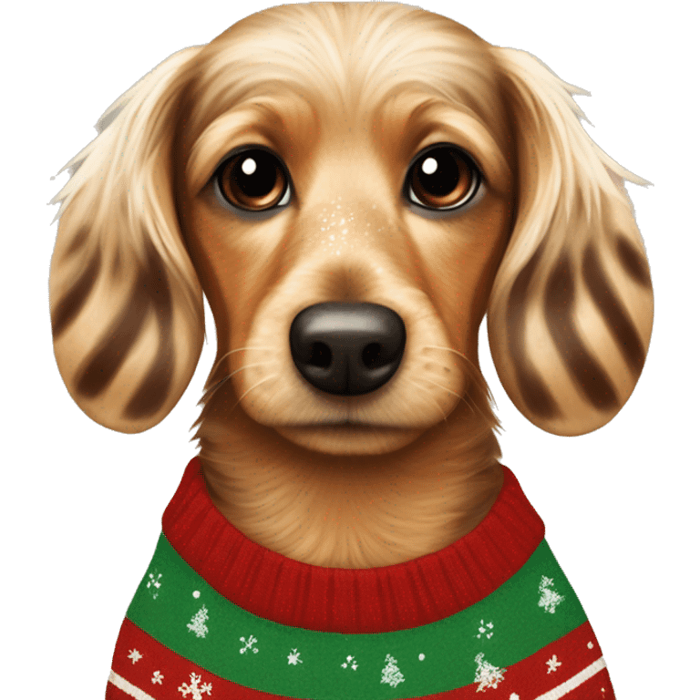 Speckled blonde and brown hairy dachsund wearing a stripy Christmas jumper emoji