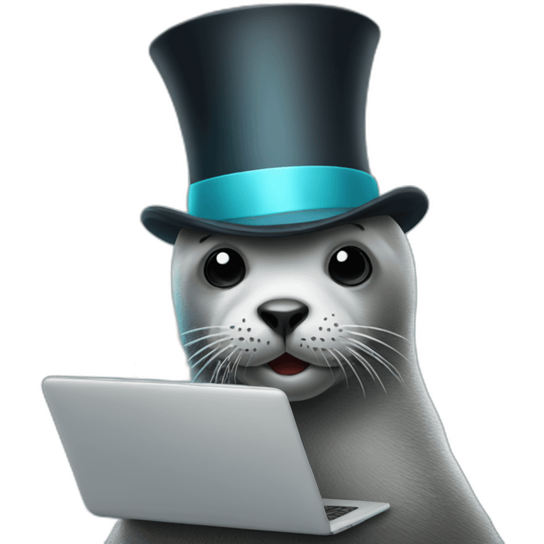 Seal wearing top hat using laptop and magic wand emoji