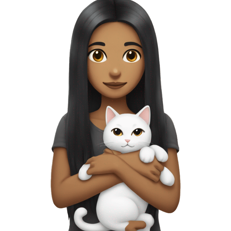 girl with very long black hair and caramel skin hugging a white cat emoji