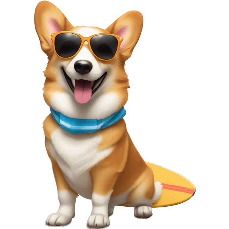 Playful Welsh corgi with a big smile, wearing cool sunglasses and holding a mini surfboard, giving off a summer beach vibe emoji