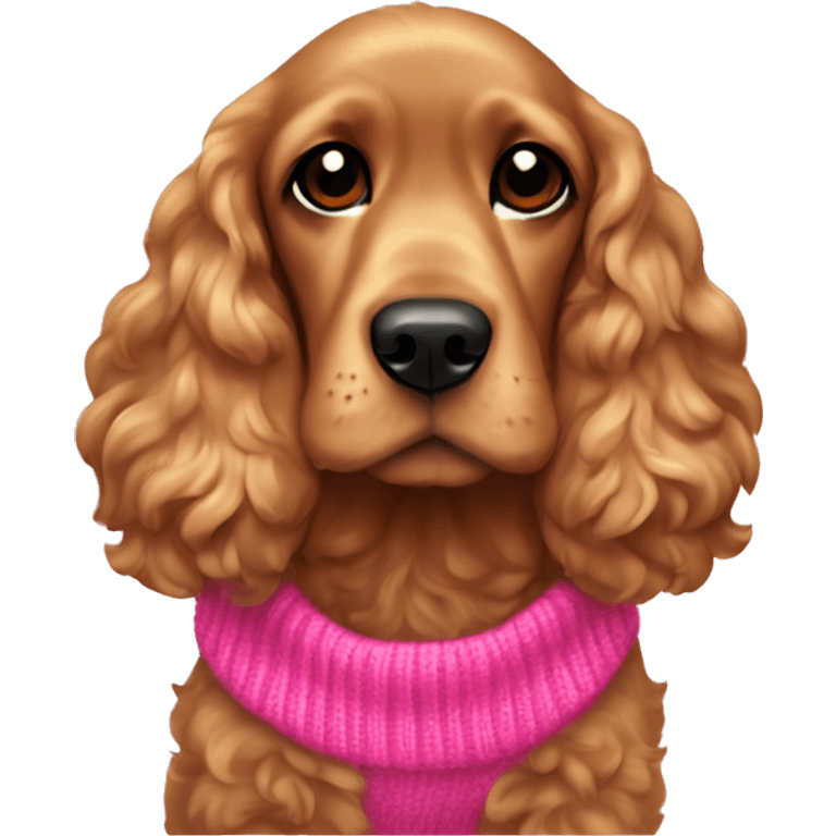 Golden brown cocker spaniel with a pink Christmas sweater emoji