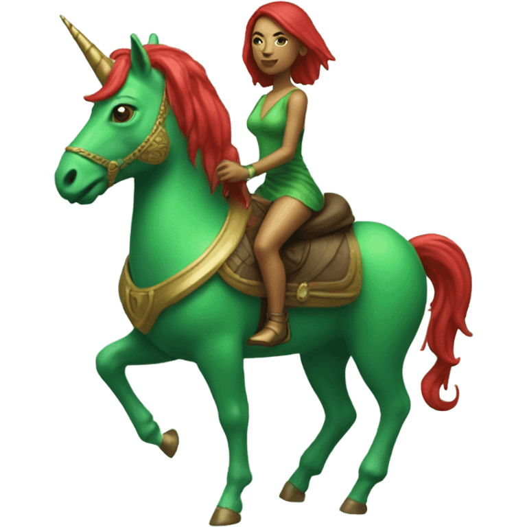 a green amazon alien woman, on a four-legged red unicorn emoji