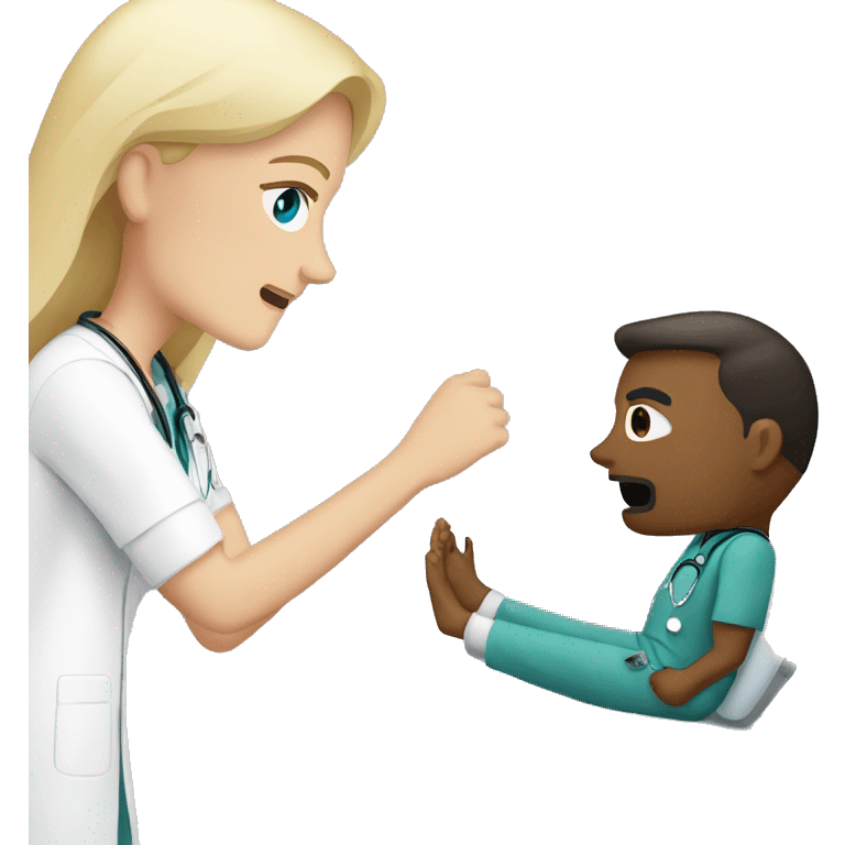 Scared, masculine male patient with a blonde female doctor examining his foot emoji