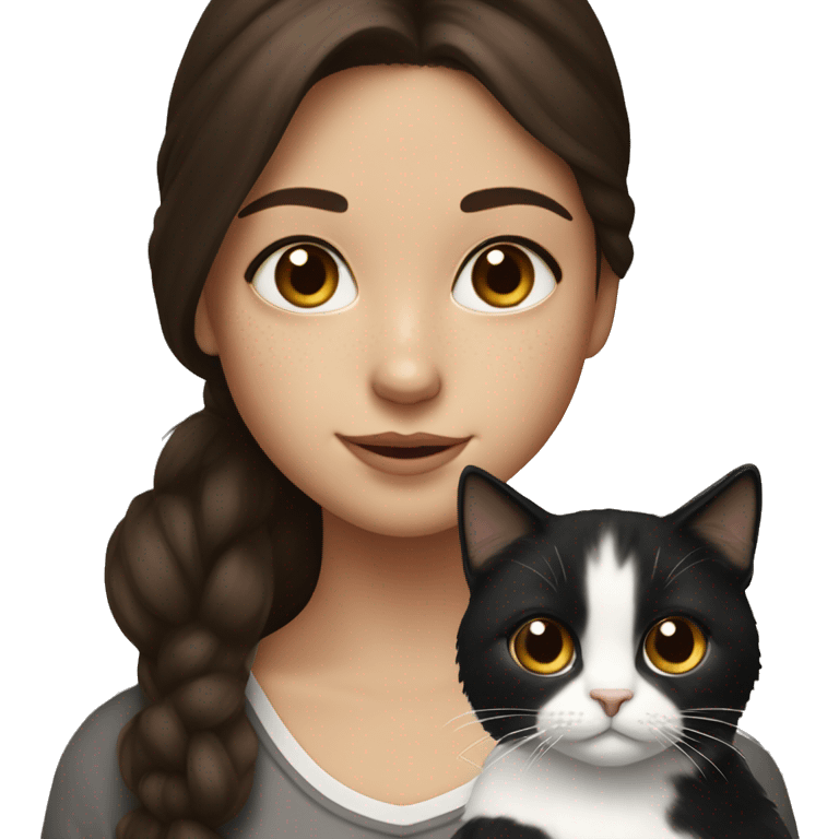 Girl with long dark brown hair freckles and brown eyes holding a black and white cat  emoji