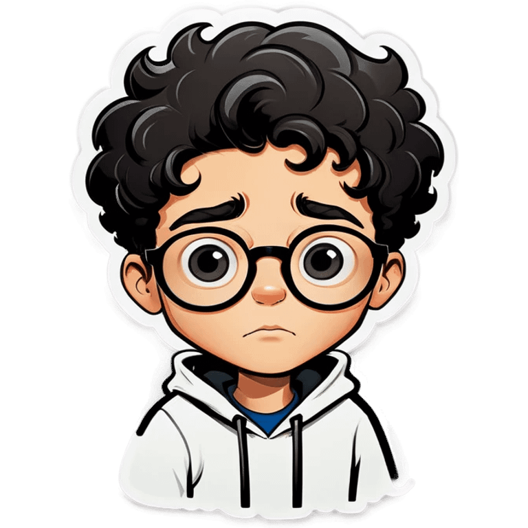 A cartoon drawing of a boy with short black curly hair with glasses and a thoughtful expression he boys face is white and he has black eyes and a black mustache. He is wearing a white hoodie. The background is a light peach color. emoji