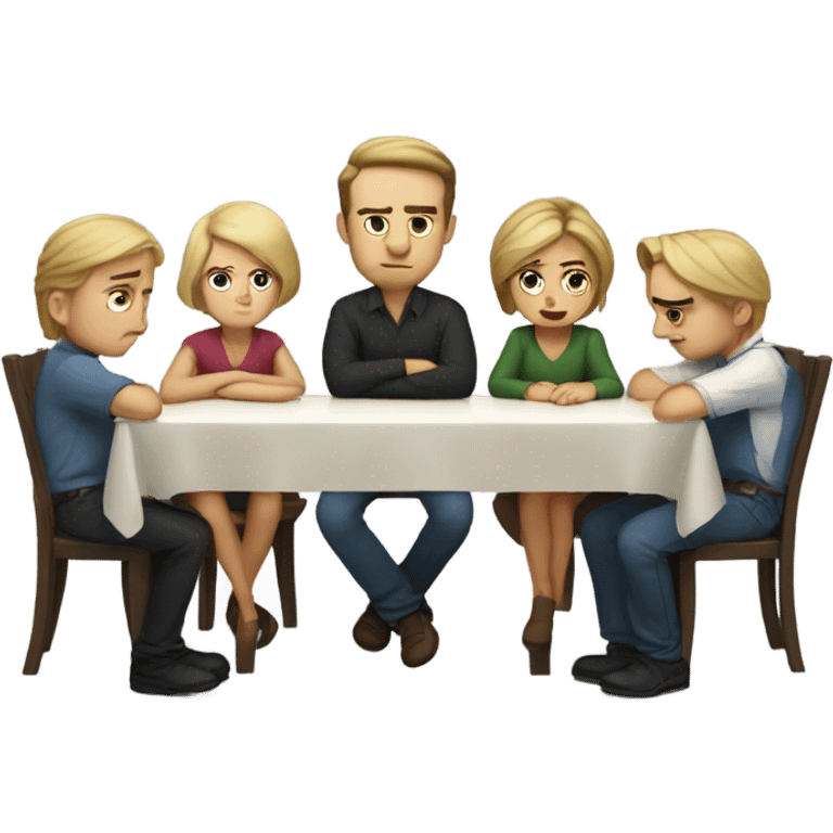 6 Caucasian people sitting around a table looking unhappy emoji