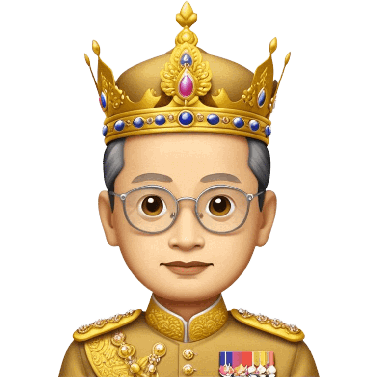 Cinematic Realistic King Bhumibol Adulyadej Portrait Emoji, depicted as a revered Thai monarch with a dignified expression and traditional royal attire, rendered with lifelike textures and soft regal lighting that captures his lasting legacy. emoji