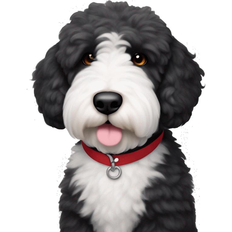 handsome sheepadoodle, white center of chest, black shoulders, red collar, white on thin center of face and mustache, black fur on eyes and outside of face,nice mustache, great posture emoji