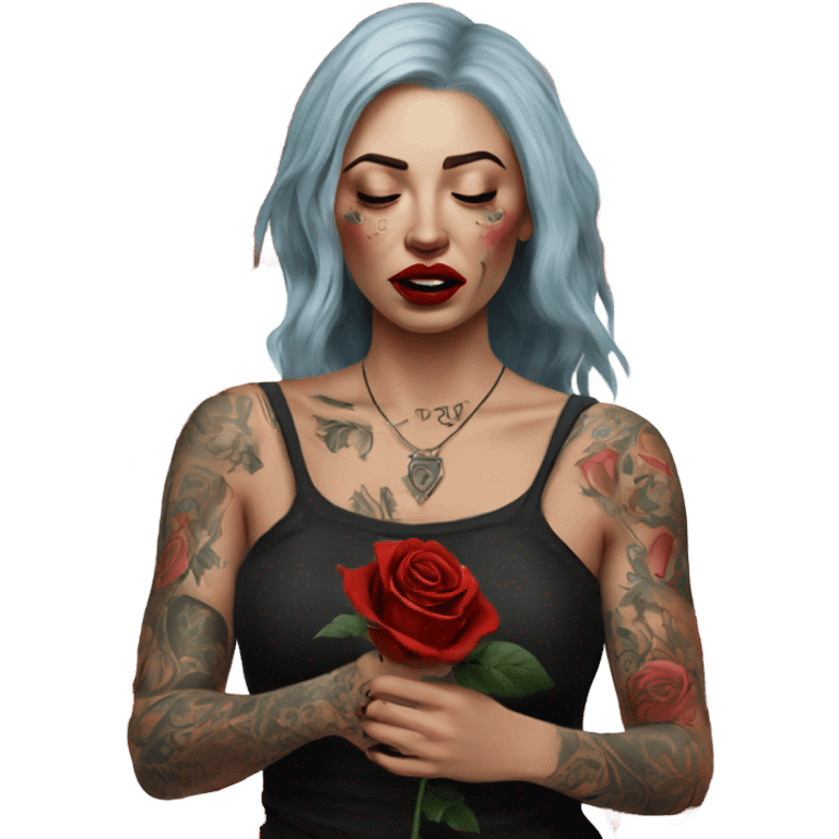 Hyper Realistic Beautiful tattooed woman crying holding a rose emoji