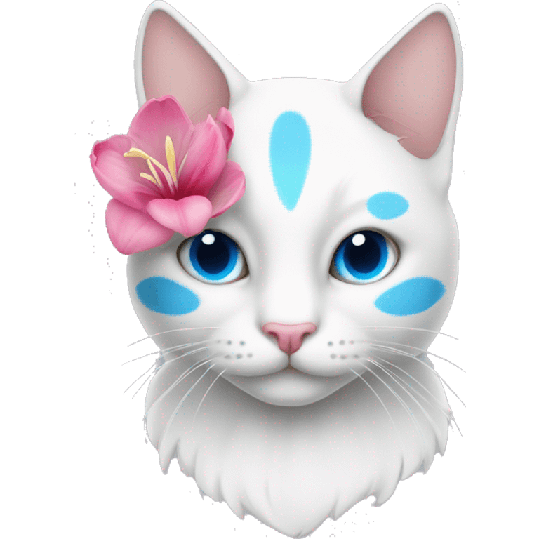 Gato blanco con ojos azules dando tulipanes rosas emoji