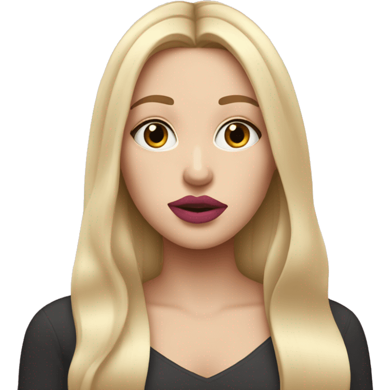 white girl with blond straight hair, putting pink lipstick on her lips emoji