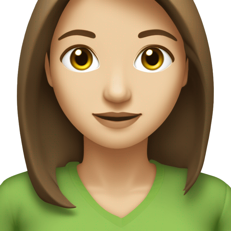 pretty 40 year old woman with grass green eyes and shoulder length straight brown hair parted in the middle works in software product management emoji