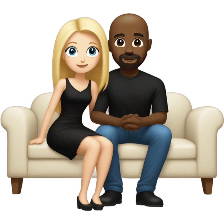 Blonde woman with blue eyes and long straight hair wearing a short black dress and a black man who is bald with a goatee seated together on a sofa enjoying a passionate embrace.   emoji