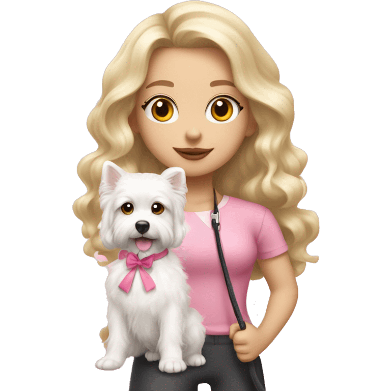 blonde girl with long wavy hair and soft pink lips taking a little fluffy white dog for a walk with a pink bow and leash  emoji