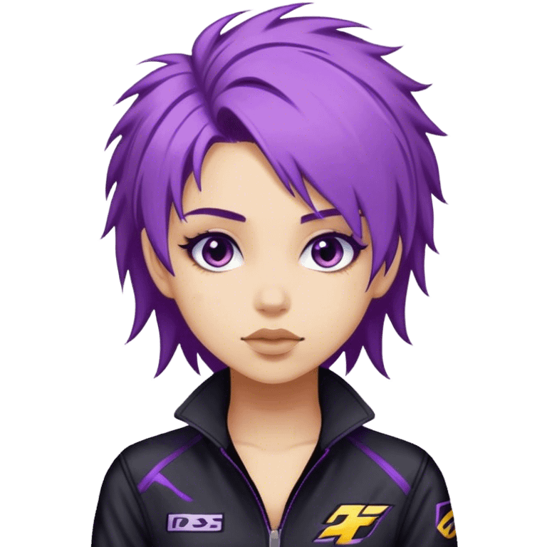 A street racer girl with messy purple hair, black jumpsuit, emoji