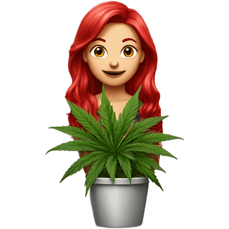 female Ruby red hair, beside marijuana plant in pot emoji