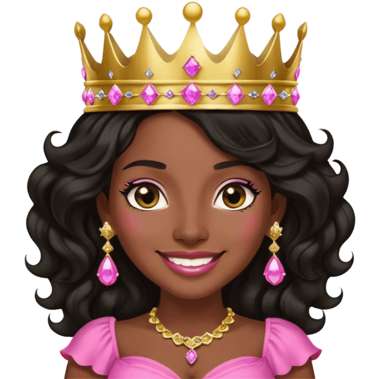 Crown dark black women smiling with really longer lightly WAVY hair pink dress pink crown facing forward black hair middle age adult woman gold gems in crown gold earrings  one woman smiling wink head only emoji