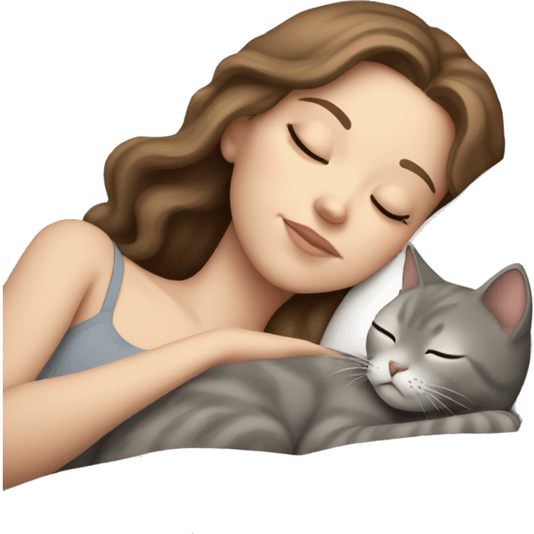 White girl brown hair sleeping with light grey kitty emoji