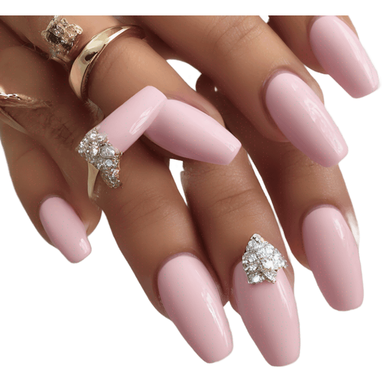 acrylic nails, light pink, pretty dimond ring on hand emoji