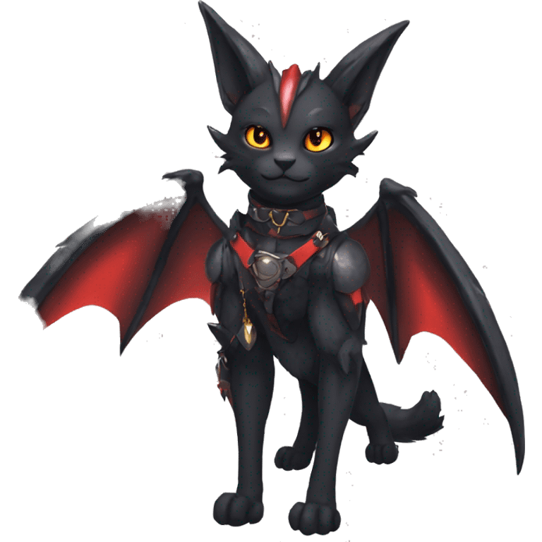 cool anthro edgy black red ethereal fantasy nargacuga-bat-cat-Fakemon collar harness full body emoji