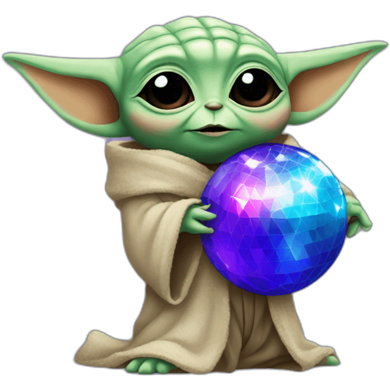 Baby yoda hugging a blue and purple disco ball emoji