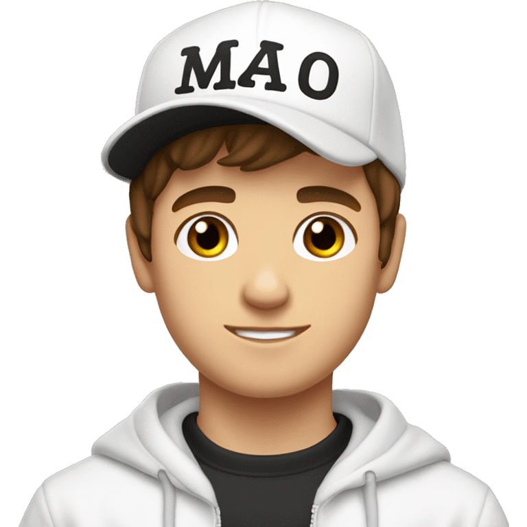 A young guy, brown hair, white sweatshirt, black cap with the inscription malo, shows his hand Cool emoji