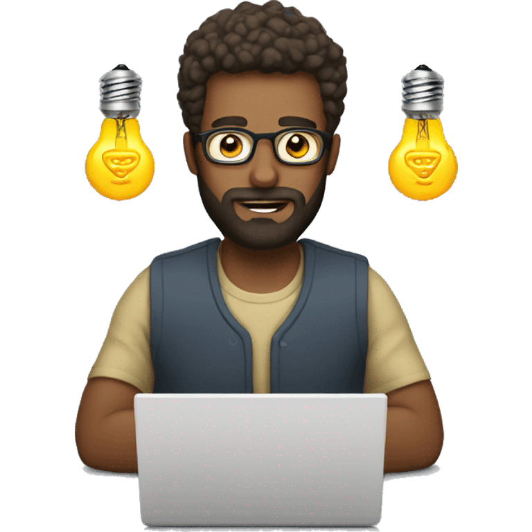 A man with with beard working on a laptop with a lightbulb above his head emoji