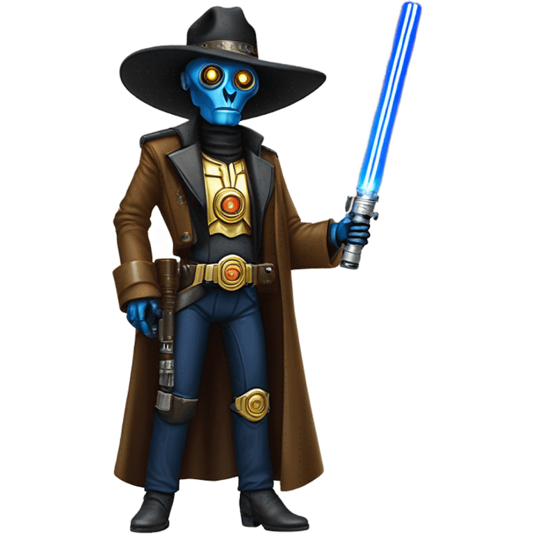 mean bounty hunter tarnished undercover tough well-equipped Jedi  life-sized darkblue-pearl C3po leather vest clothing pants and vest old west duster coat holding light saber sheriff holstered gun hat emoji