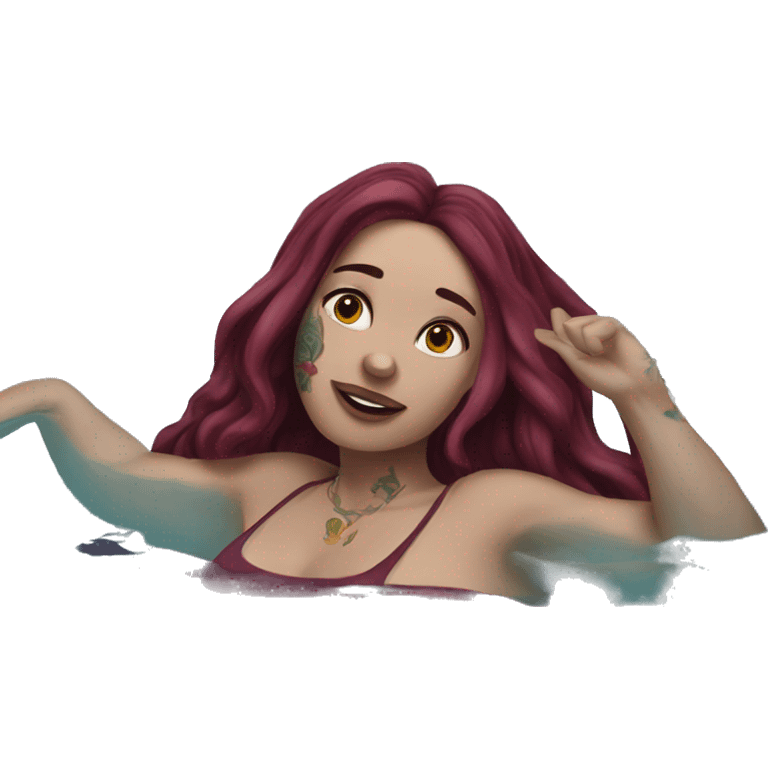 Beautiful tattooed  burgundy long haired woman swimming in a pool emoji