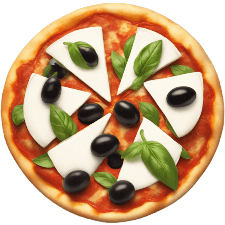 pizza with buffalo mozzarella, basil leaves and  black olives  emoji