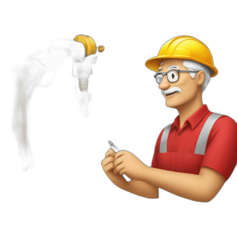 Industrial professional senior mechanical assembler working on the assembly of heavy machinery with a red outfit emoji