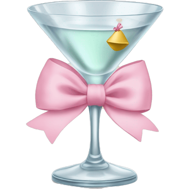 A martini glass with a baby pink bow wrapped around the stand emoji