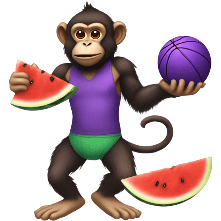 Monkey eating watermelon and drinking purple juice while playing basketball emoji