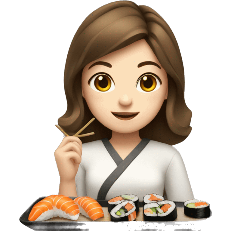 Girl with shoulder length brown hair and fair skin eating sushi emoji